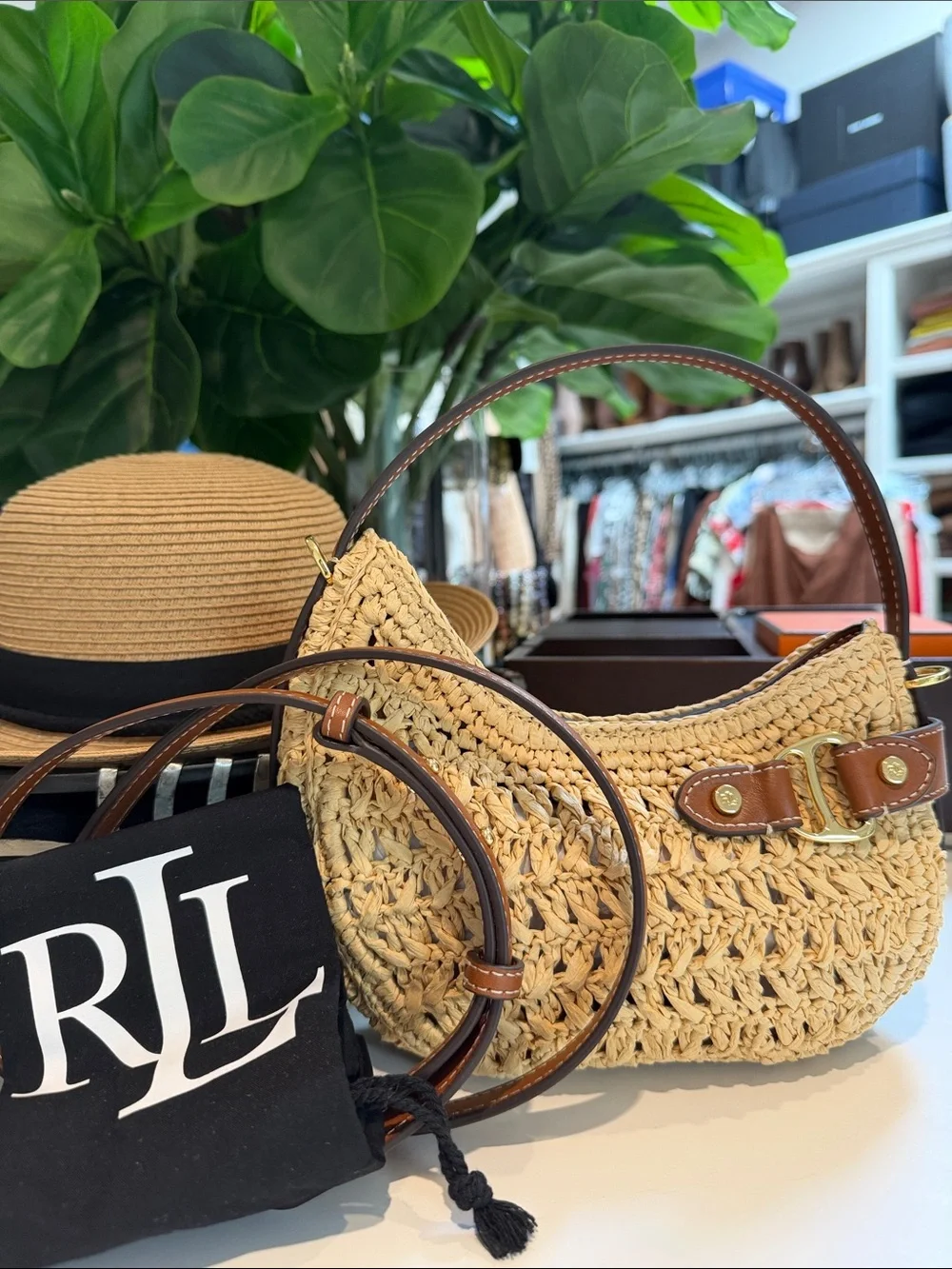 Lauren Ralph Lauren mini woven Straw Bag with Brown Leather Trim - Picture 2 of 10
